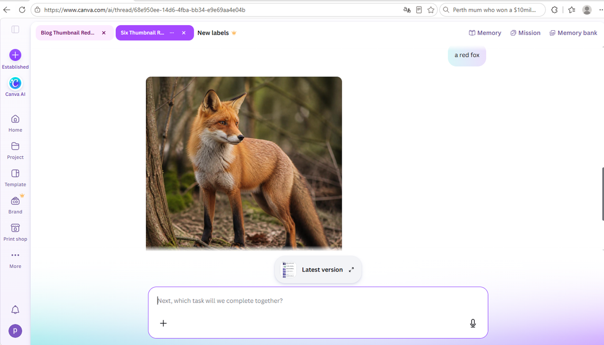 Canva AI image generation interface with the prompt a red fox