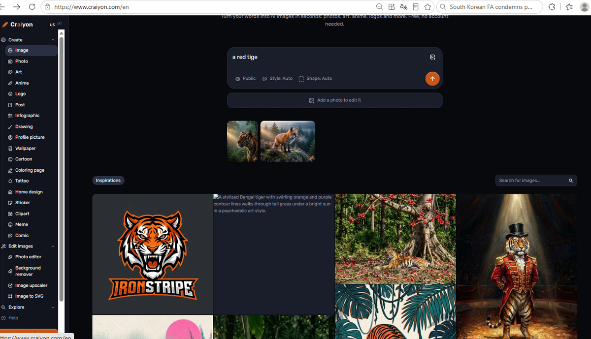 Craiyon Inspirations section showing example images that are not the user's own generation