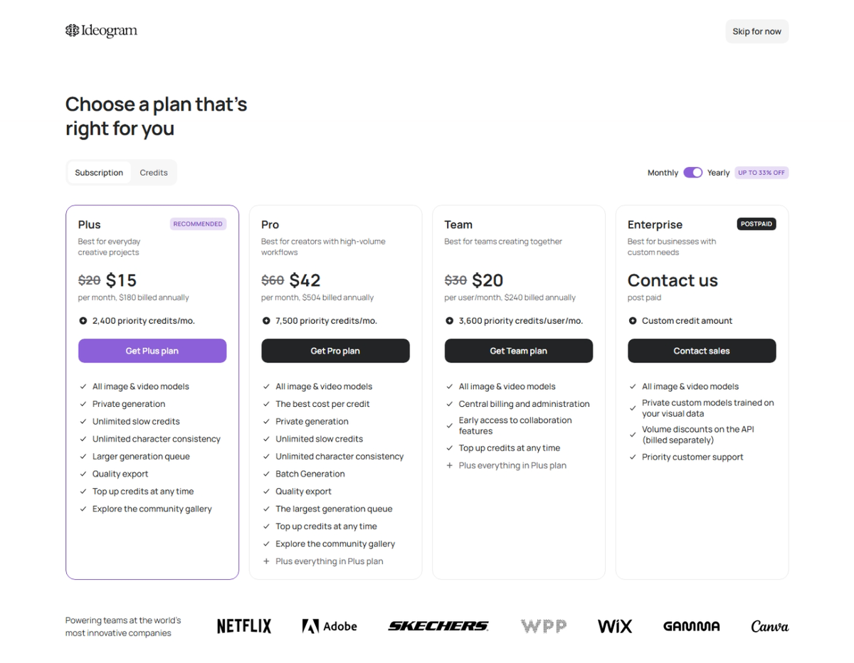 Ideogram paid plans shown immediately after signup: Plus, Pro and Team prices