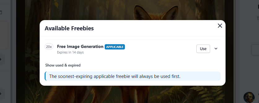 NightCafe Available Freebies dialog showing 20x Free Image Generation expiring in 14 days