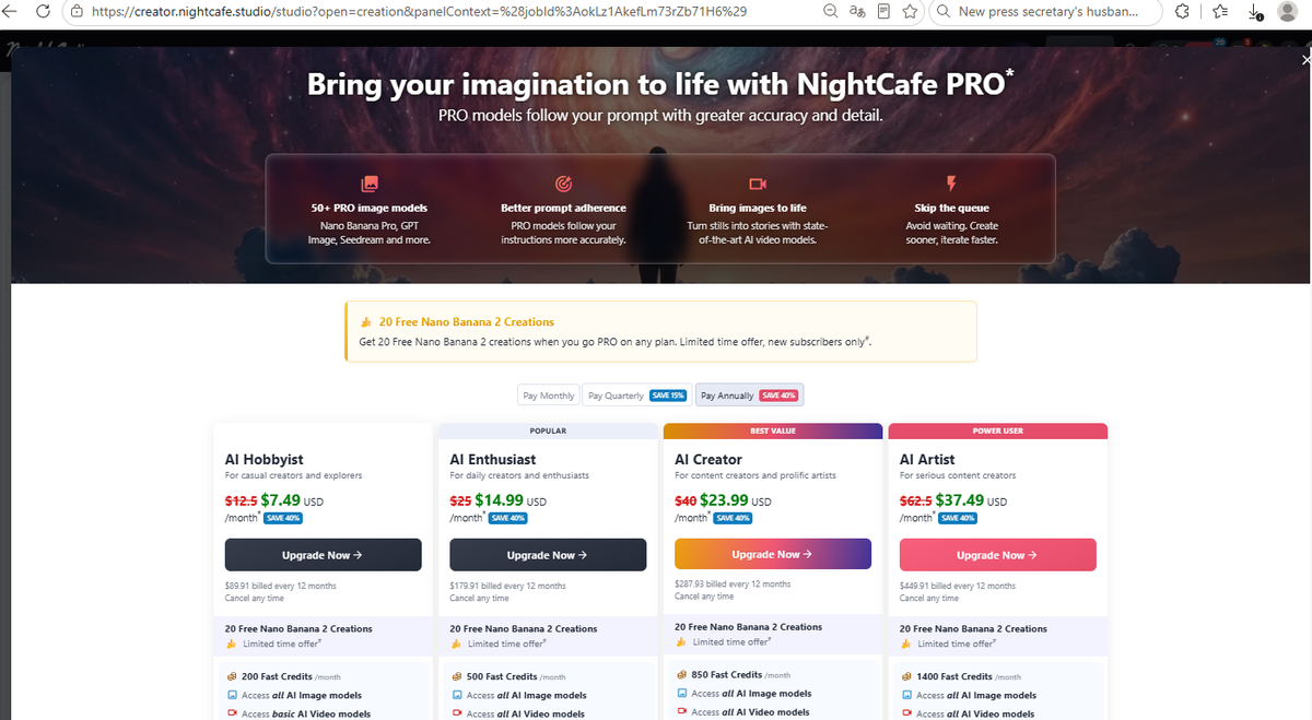 NightCafe PRO pricing page with four plans from 7.49 to 37.49 dollars per month