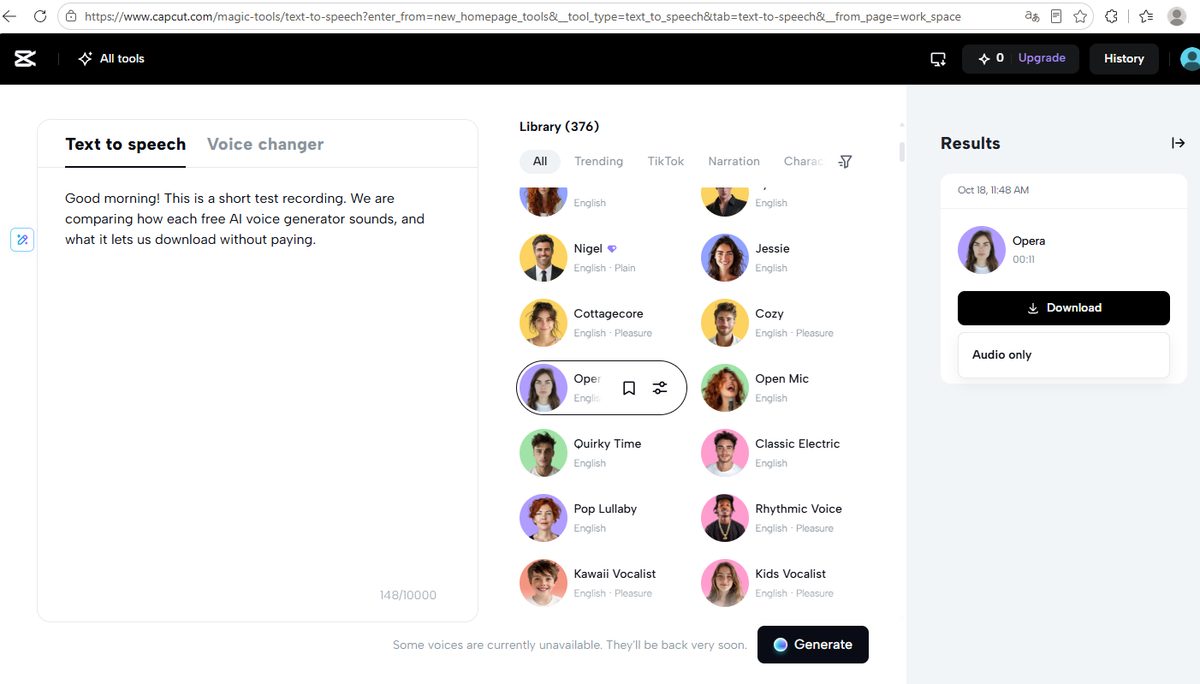 CapCut generated speech result with download button and Audio only option selected