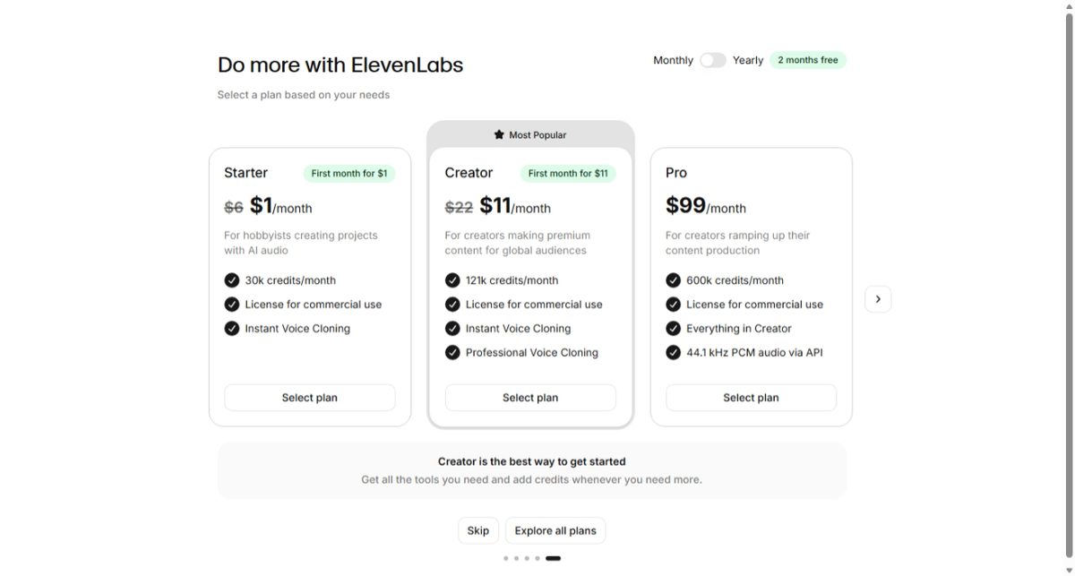ElevenLabs pricing plans: Starter $1 first month then $6, Creator $11 first month then $22, Pro $99, all including a commercial use license