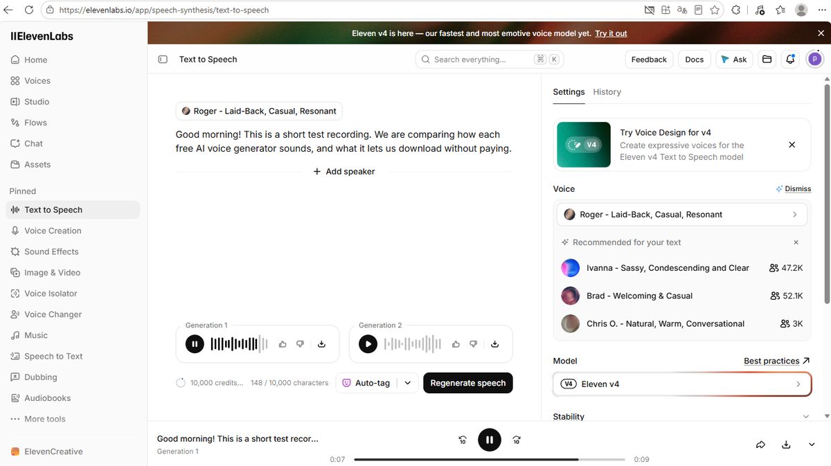 ElevenLabs Text to Speech screen showing 148 of 10,000 characters used, the Roger voice selected and the Eleven v4 model