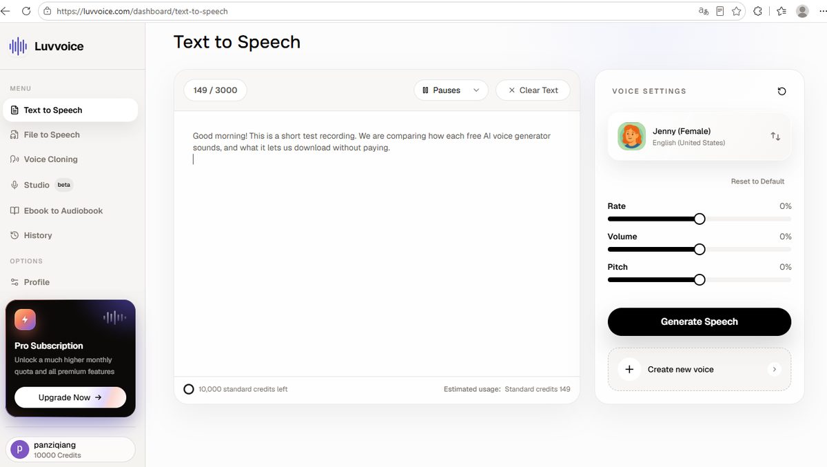 Luvvoice interface showing 149 of 3000 characters per conversion, 10,000 credits remaining, Jenny female voice and a Pro subscription upsell