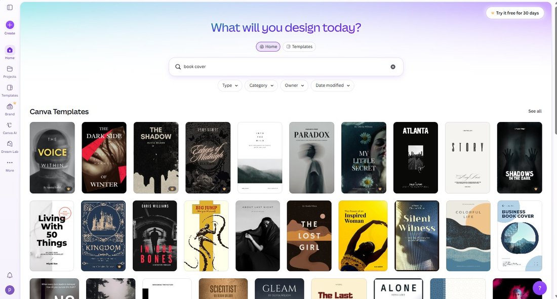 First 20 Canva book cover search results with 6 Pro crowns