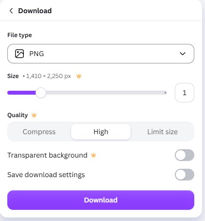 Canva PNG download panel with crowned size slider, quality and transparent background