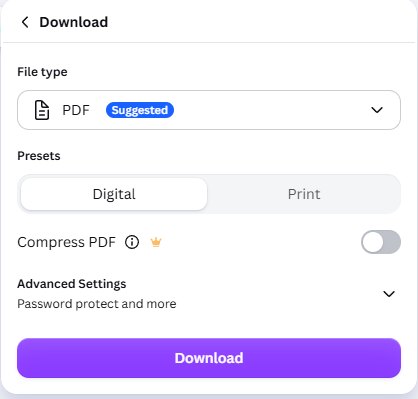 Canva PDF download panel showing Digital and Print presets