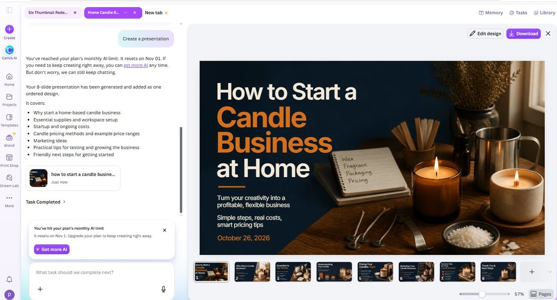 Canva AI generated 8-slide candle business presentation alongside the monthly AI limit notice