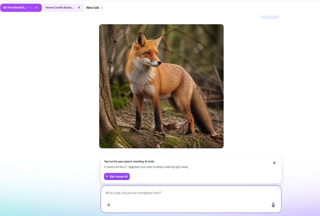 Canva AI chat history showing the earlier background removal task and the monthly limit notice