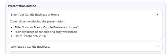 Expanded outline item showing per-slide content notes