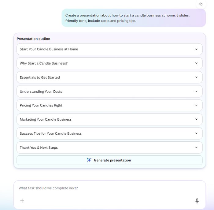 Canva AI generated 8-slide presentation outline before design generation