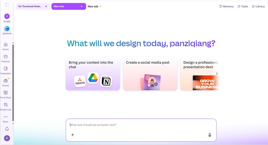 Canva AI chat assistant home screen with greeting and suggestion cards