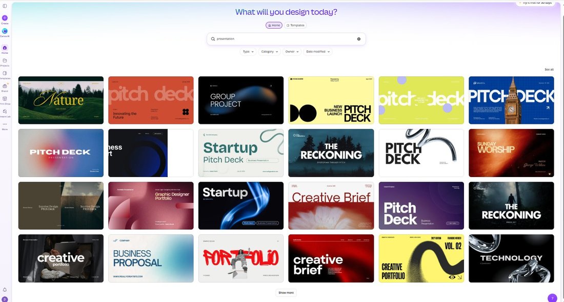 Canva presentation template search results, first screen with almost no Pro crowns