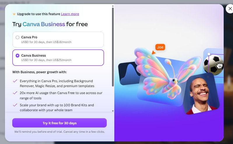 Canva upgrade panel showing Pro at $18/month and Business at $25/month with 20x more AI usage