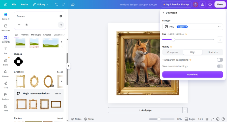 Canva download panel showing Transparent background toggle locked behind Pro crown