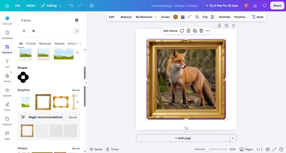 Canva free frame method: photo placed inside a gold frame element, cropped to shape