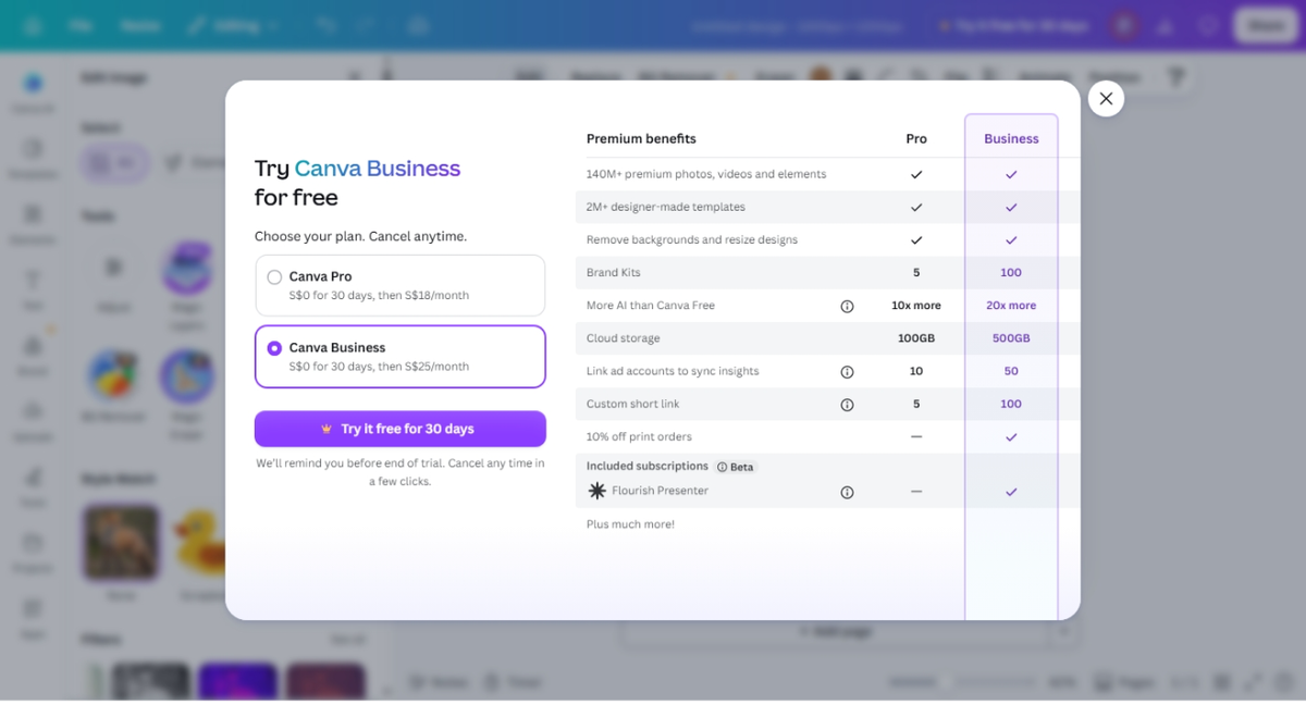 Canva free account upgrade screen shown after clicking Background Remover, listing remove backgrounds as a paid feature