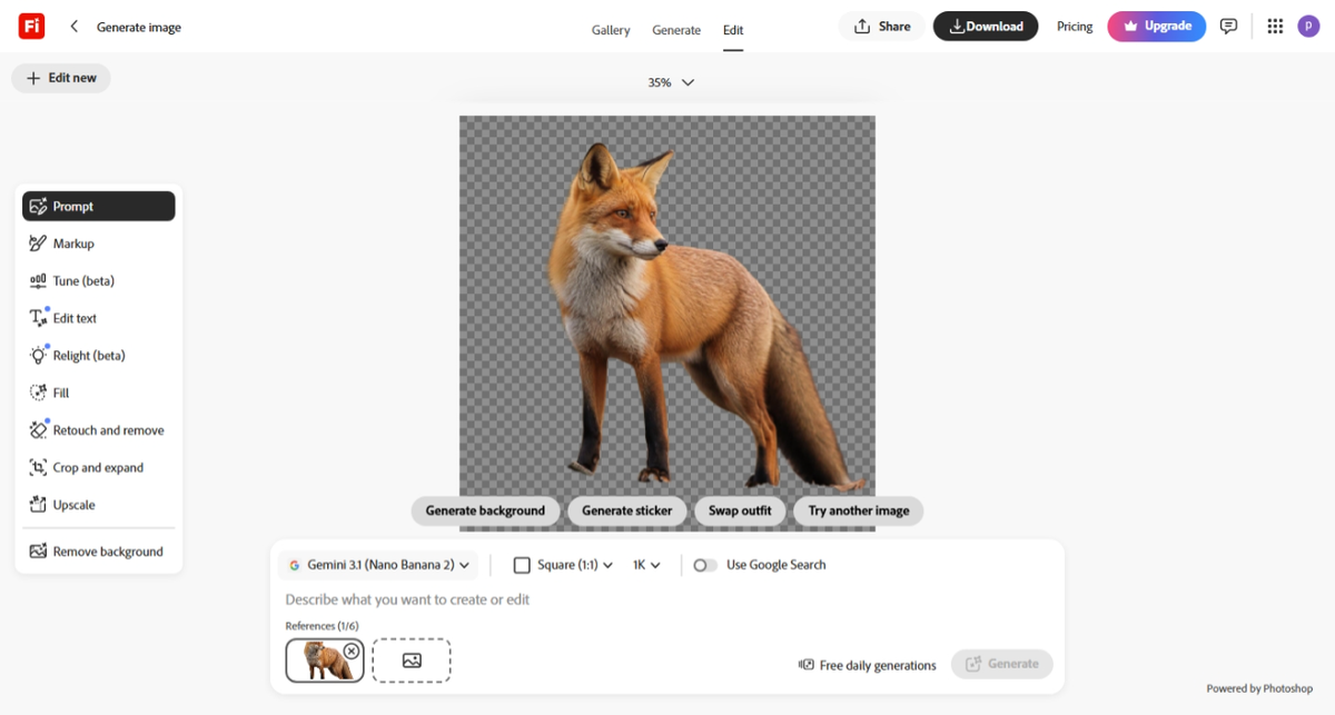 Adobe Firefly automatically removing the background of the test photo, shown on transparent checkerboard