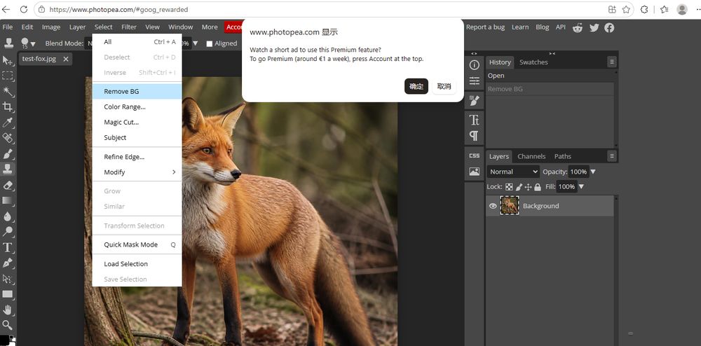 Photopea dialog asking to watch an ad or buy premium to use one-click Remove BG