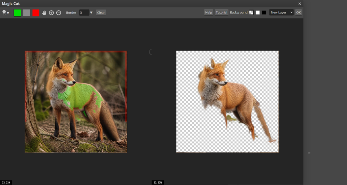 Photopea Magic Cut window with green keep and red remove brushes refining a fox cutout
