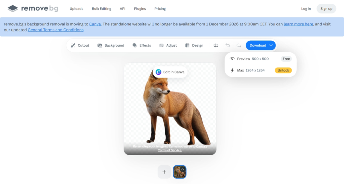remove.bg result page with banner announcing the standalone website is moving to Canva and will no longer be available from 1 December 2026