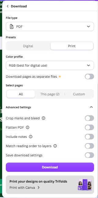Canva PDF advanced settings with crop marks and bleed available on the free plan