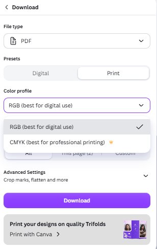 Canva color profile dropdown showing CMYK best for professional printing locked behind Pro
