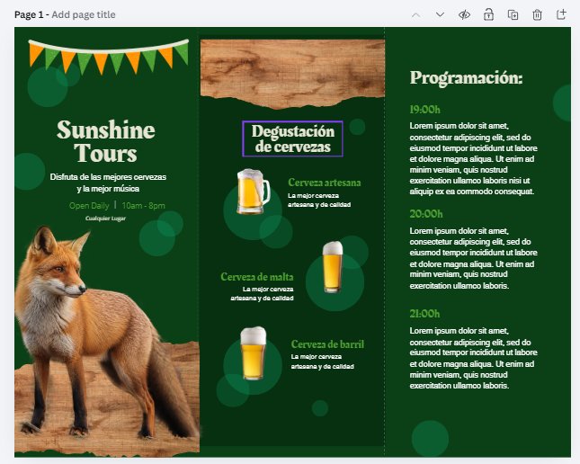 Finished tri-fold brochure page one with new title Sunshine Tours and a replaced photo