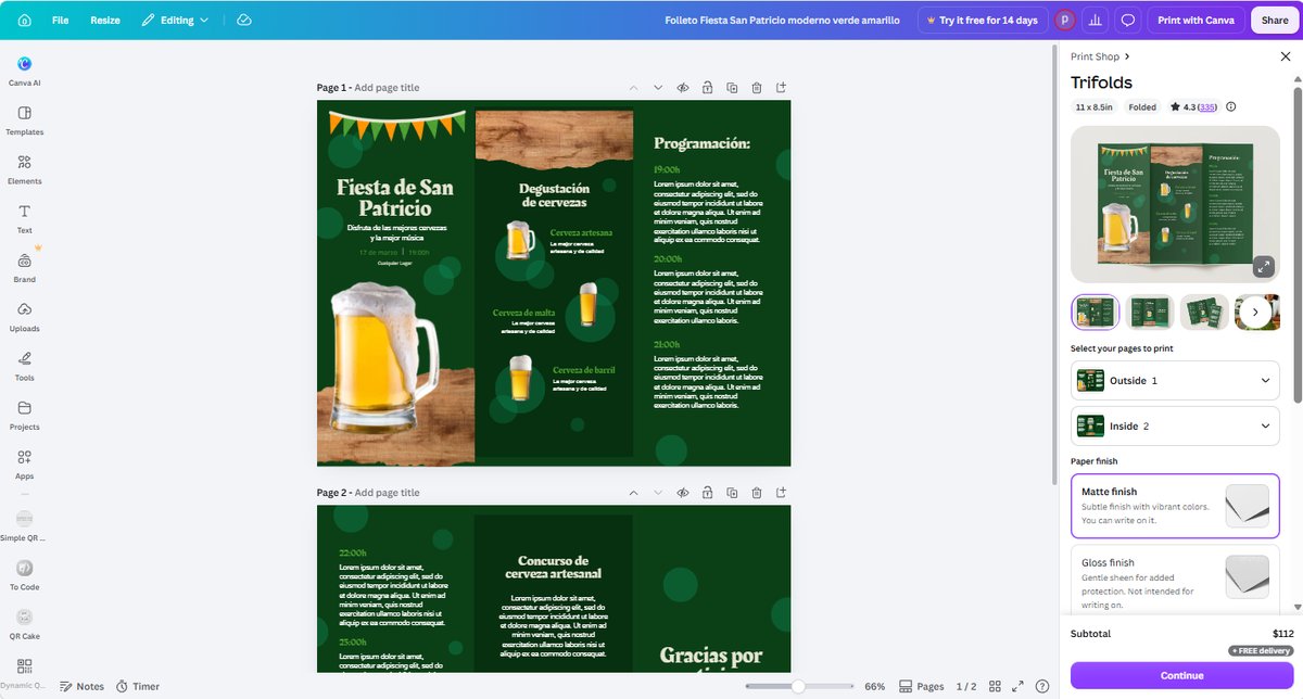 Canva print panel showing Select your pages to print with Outside 1 and Inside 2 dropdowns