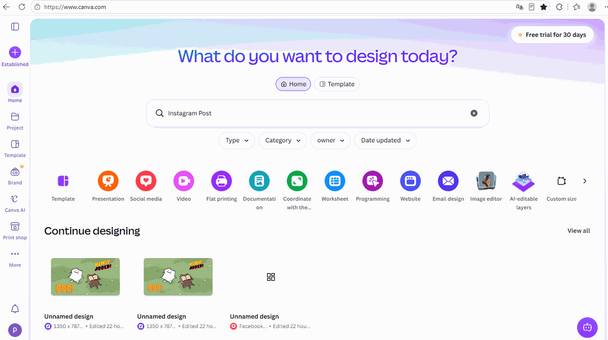 Canva home page with Instagram Post typed into the search box
