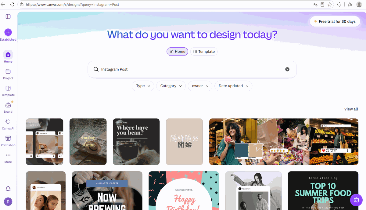 Canva template search results for Instagram Post, some templates marked with crowns