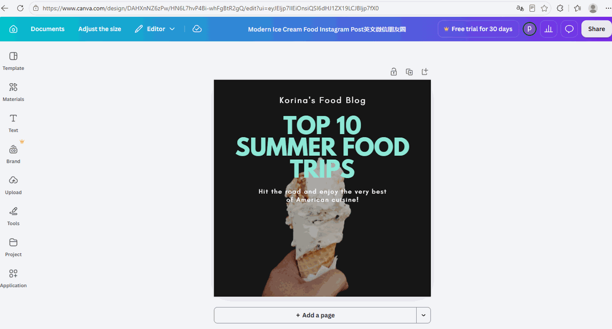 Canva editor with tool sidebar on the left and the ice cream template on the canvas