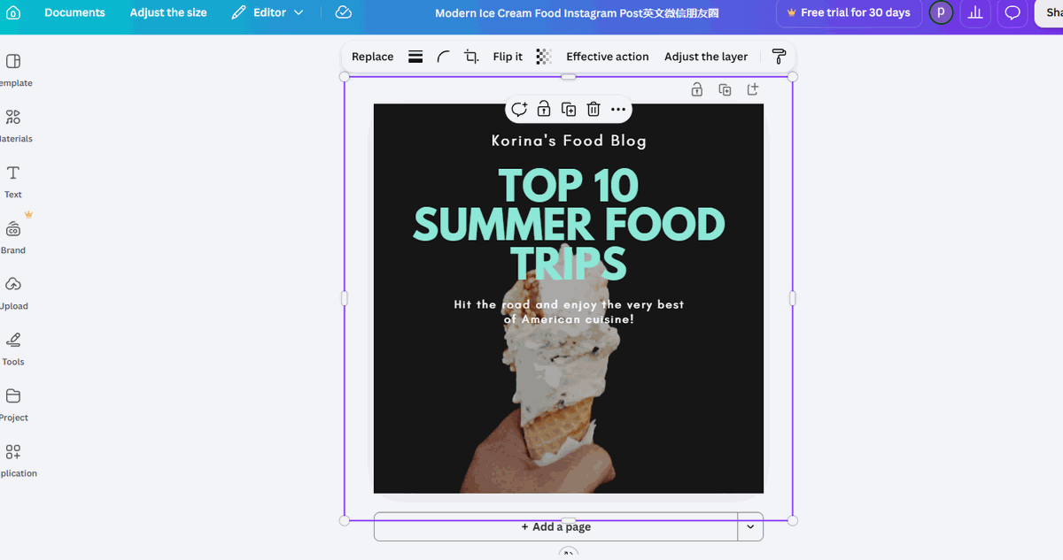 Canva editor with the background photo selected, showing photo toolbar options