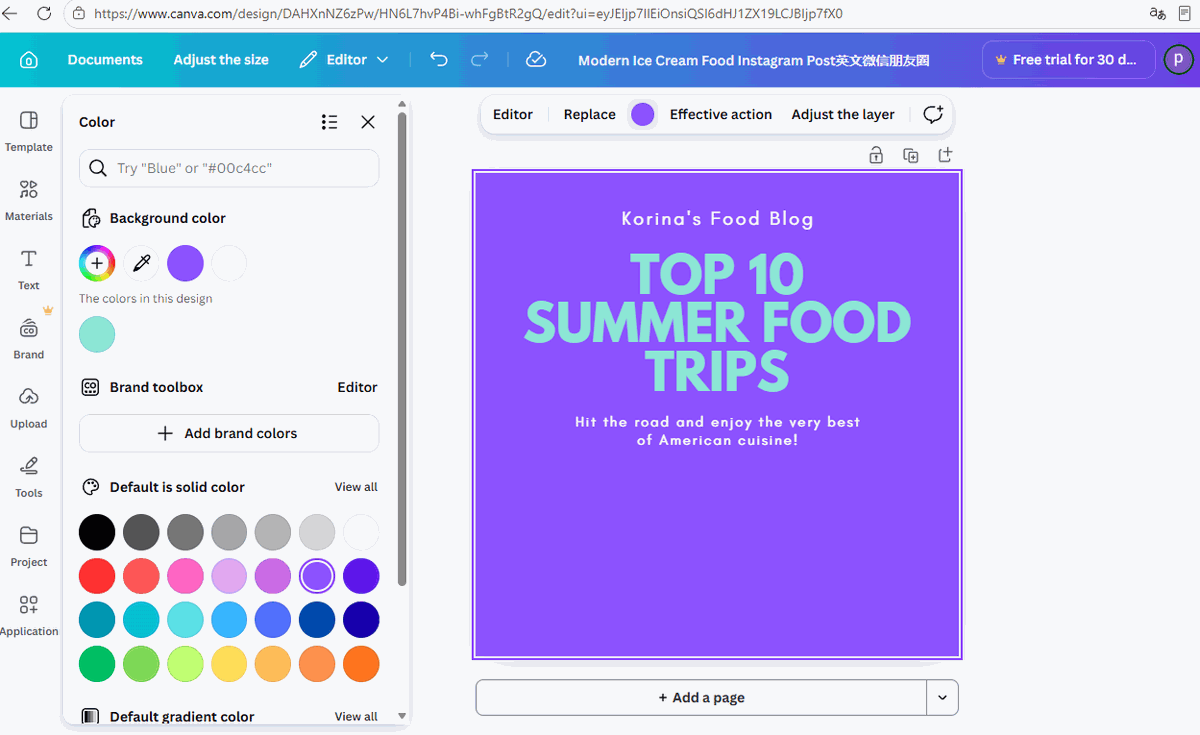 Canva color panel open with purple background applied to the canvas
