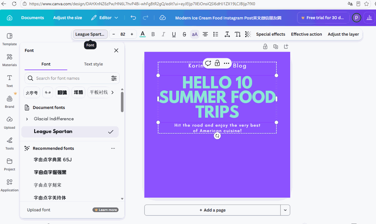Canva font panel open showing League Spartan selected and font list
