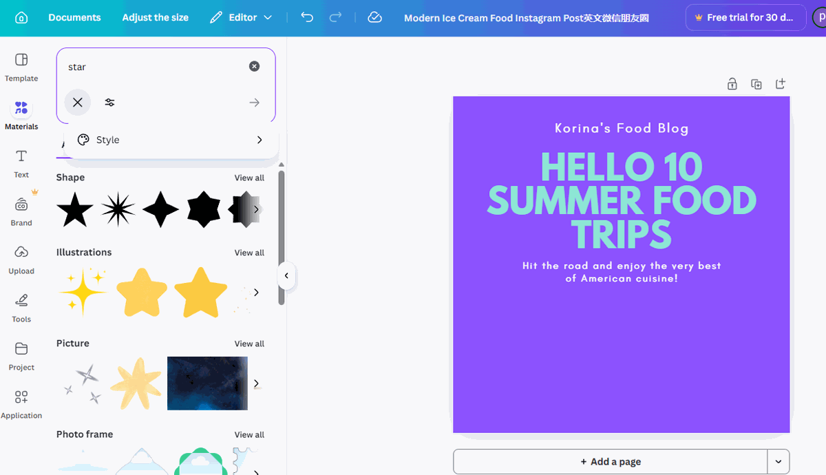 Canva Materials panel showing star search results grouped by Shape, Illustrations, Picture