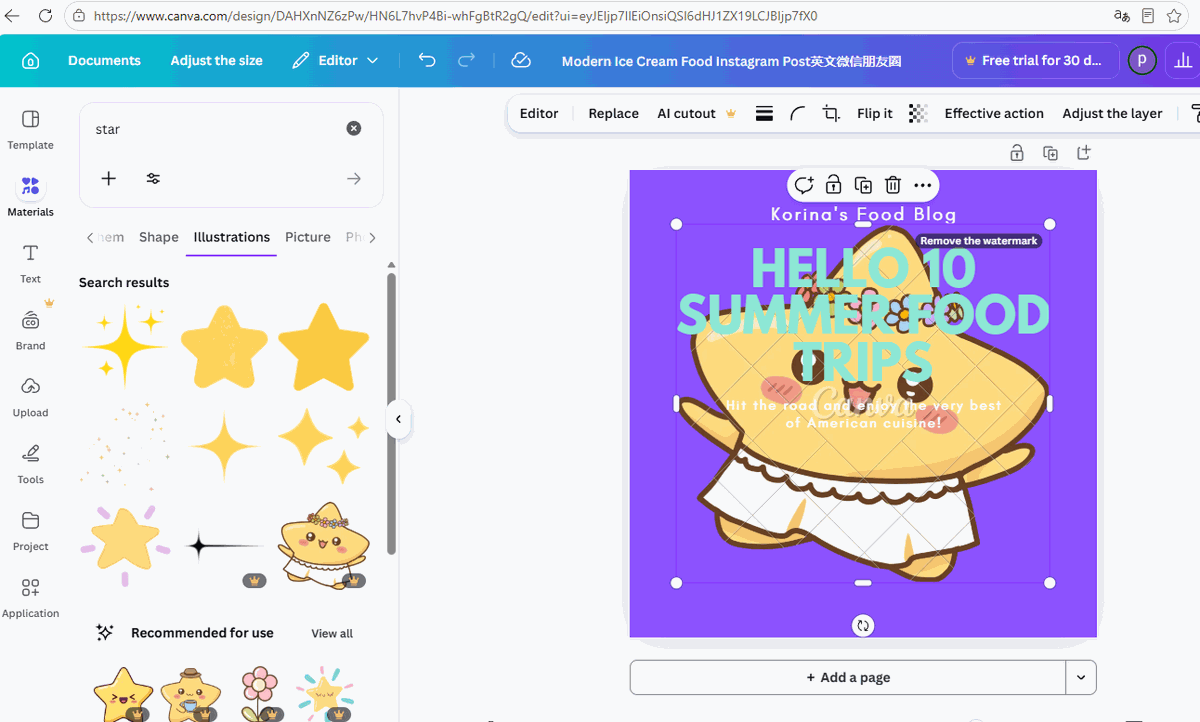 Canva canvas with a Pro star element covered in checkerboard watermark and Remove the watermark prompt