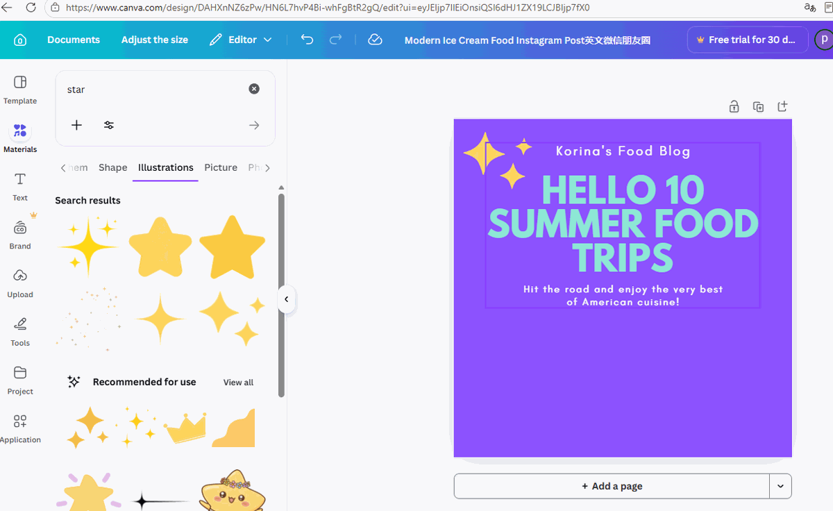 Finished Canva design: purple background, HELLO 10 SUMMER FOOD TRIPS headline with star graphics