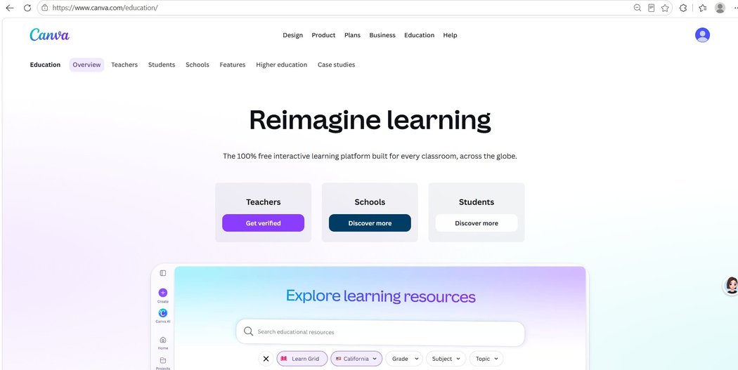 Canva education landing page: Reimagine learning, 100% free, with a Get verified button for teachers