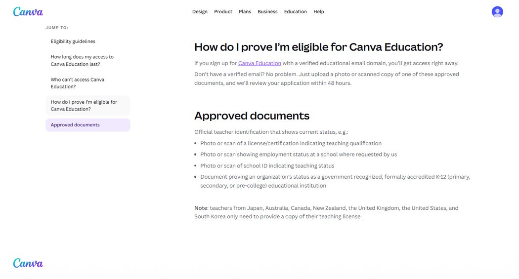 Canva verification page: approved documents list and the 48-hour review, with the seven-country teaching-license note