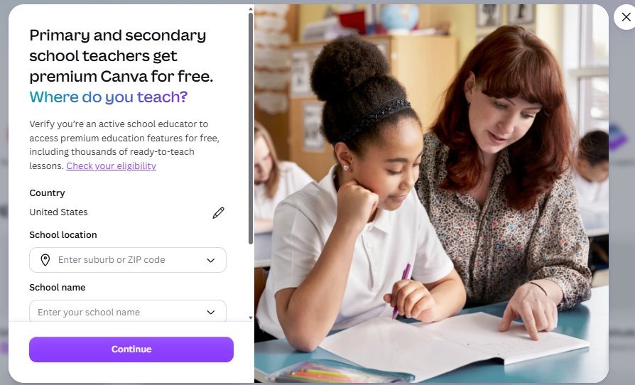 Canva Get verified modal: where do you teach, school location and school name fields
