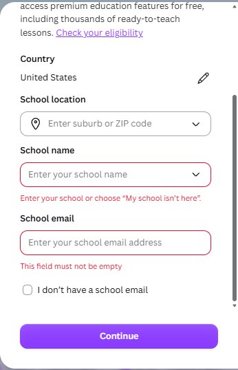 Canva verification form errors: school name required, school email must not be empty, I don't have a school email checkbox