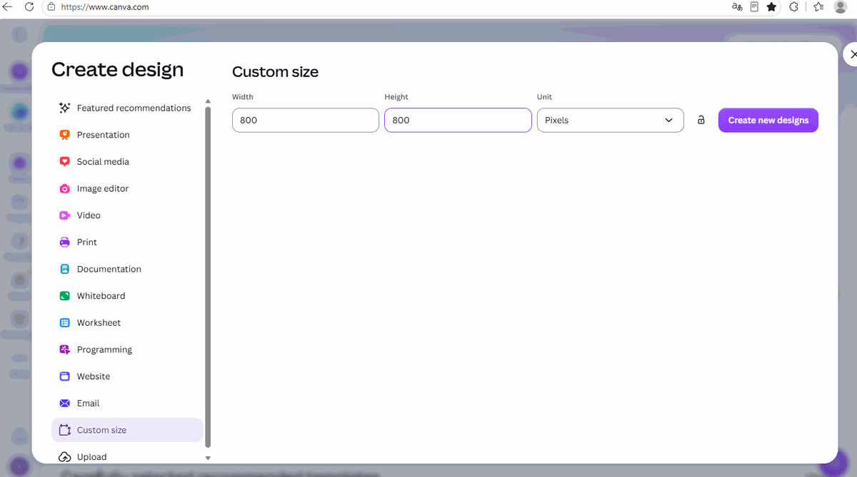 Canva Custom size dialog with 800 pixels entered in both width and height fields