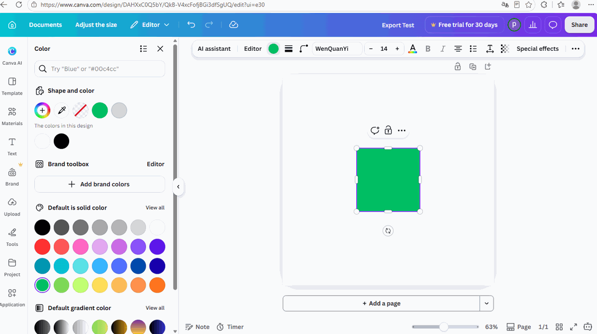Canva colour panel open with green chosen for the square on canvas