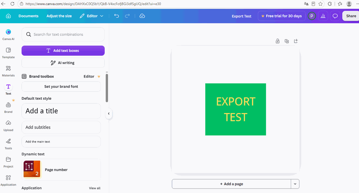 Canva canvas with a green square and yellow EXPORT TEST text used for export testing