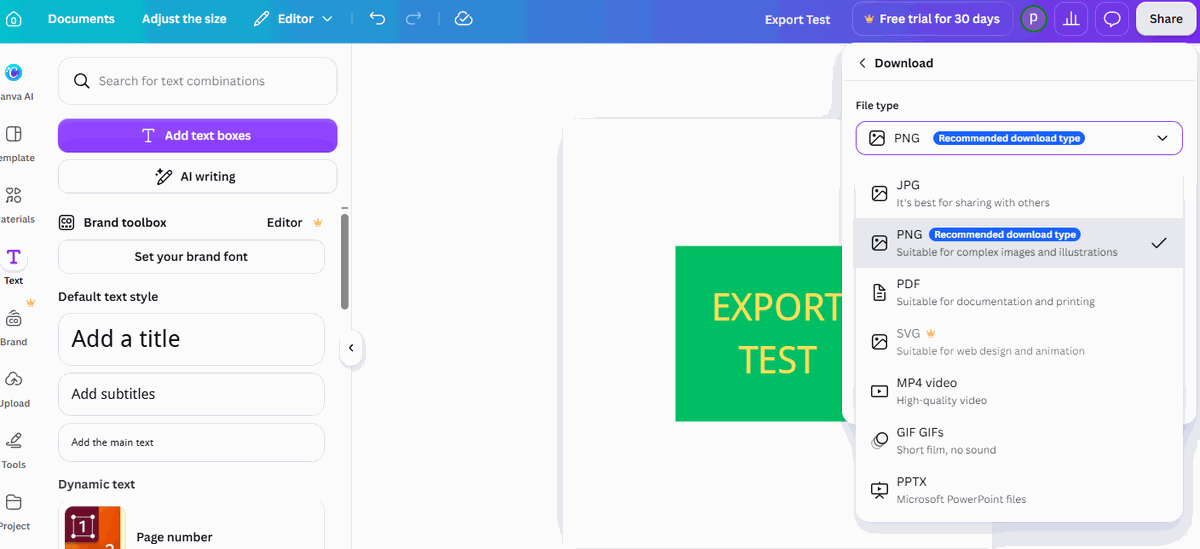 Canva File type dropdown showing JPG, PNG, PDF, SVG with crown, MP4 video, GIF and PPTX options