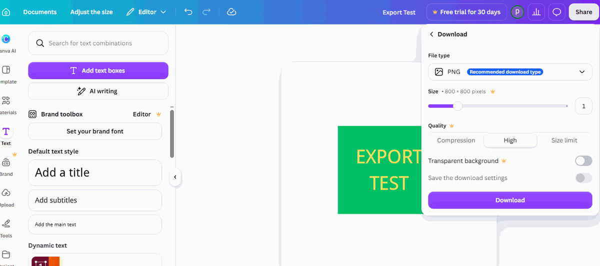 Canva Download panel with Transparent background toggle switched off before export