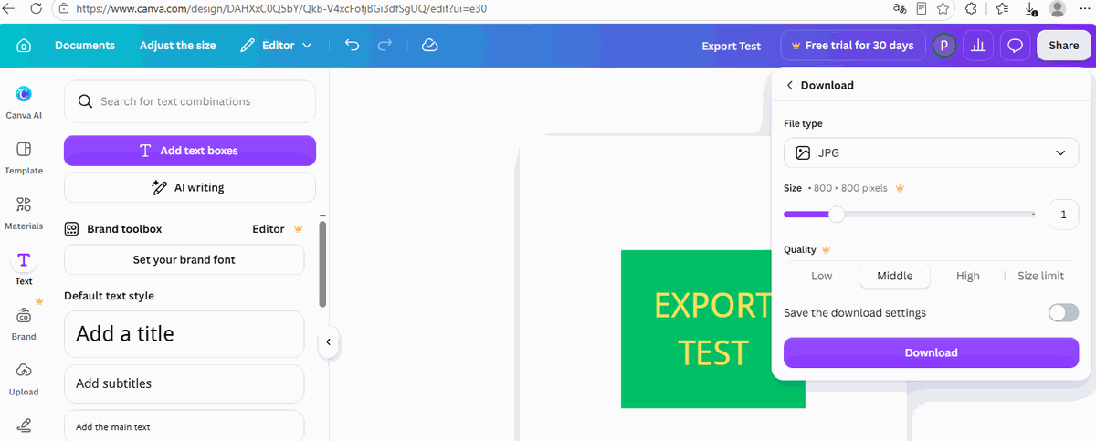 Canva Download panel for JPG showing quality slider options and no transparent background toggle