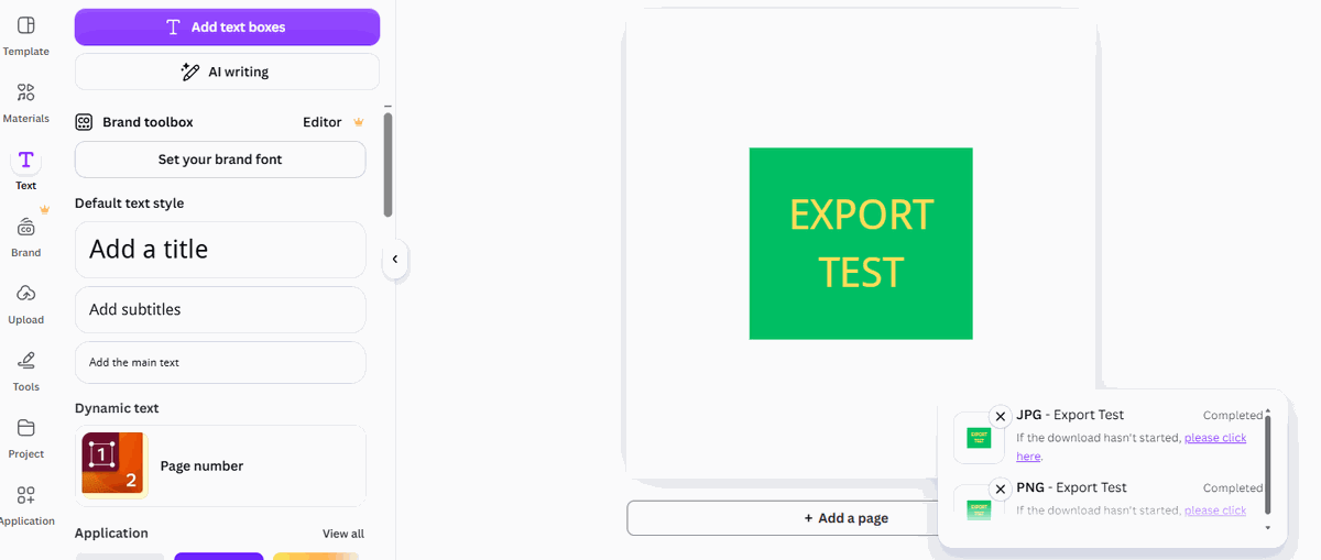 Canva showing JPG export completed notification in the corner of the editor